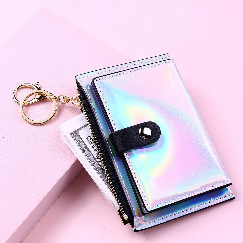 wholesale custom women pu leather laser multi card zipper wallet fold mini slim key coin purses