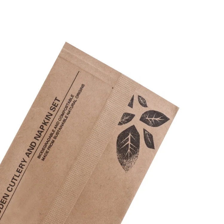 Central Back Sealed Kraft Paper Fork Knife Napkin Cutlery Compostable Biodegradable Packaging Bag