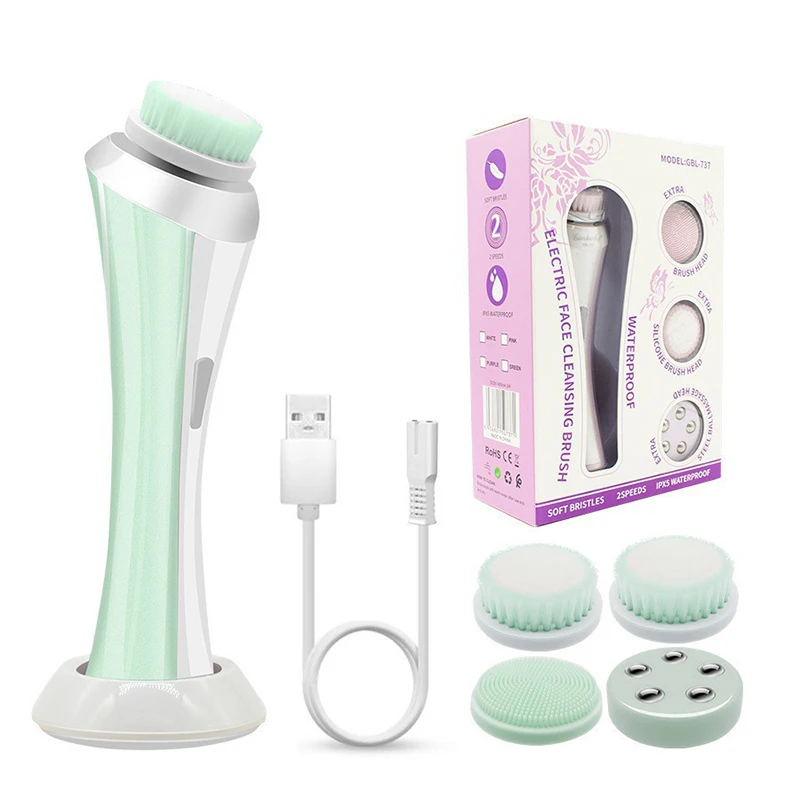 4 in 1 Face Exfoliating Electric Facial Cleaner Silicone Scrub Pore Cleaner Spin Sonic Facial Cleansing Brush