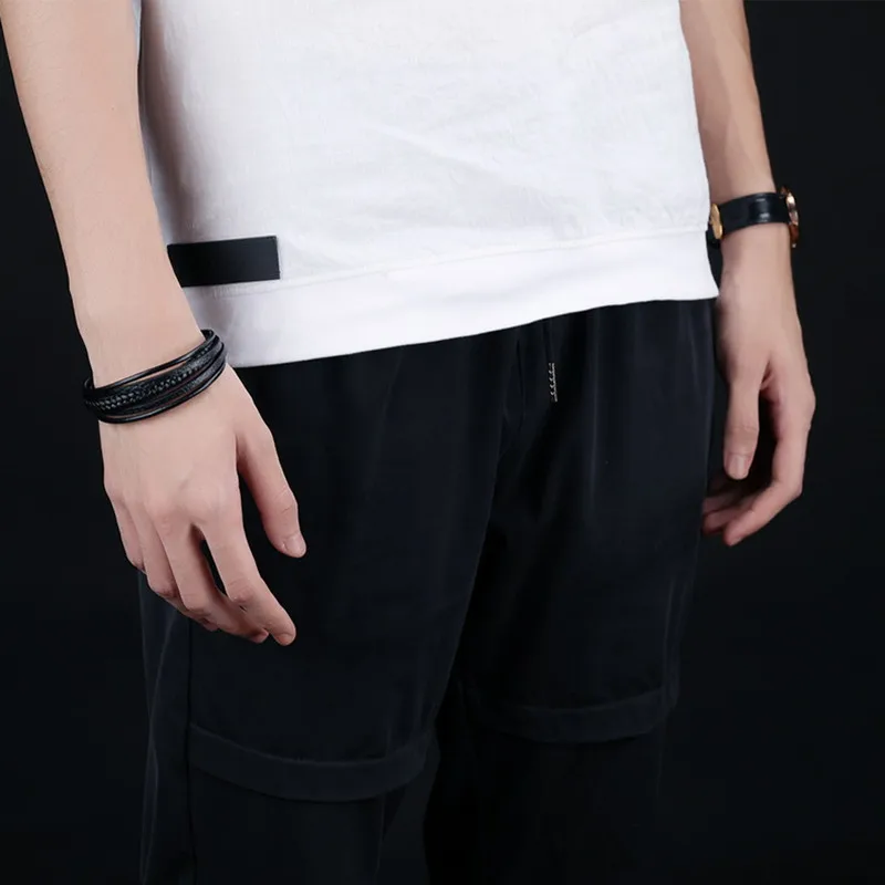 
Simple Multilayer Stainless Steel magnetic Clasp fashion Mens Jewelry leather bracelet 