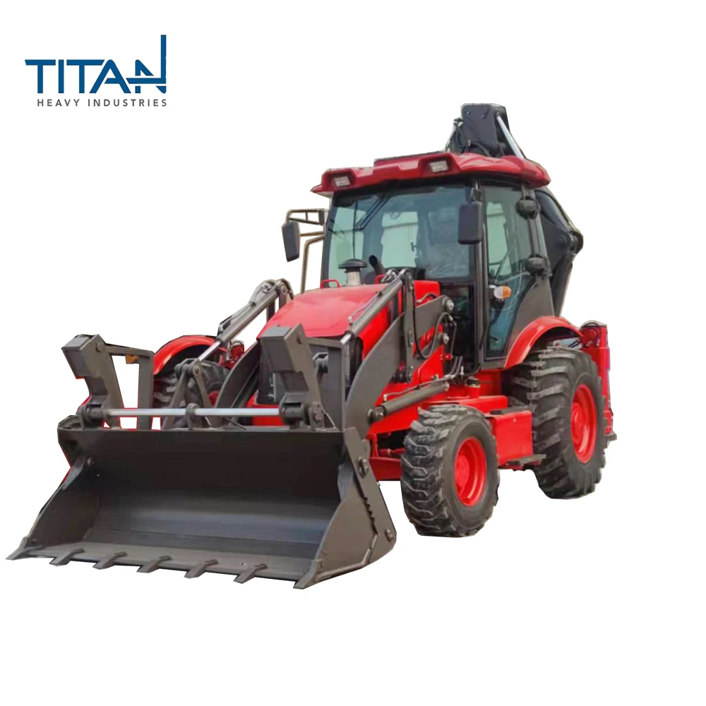 Small four-wheel drive backhoe loader crushes soil and shovels in one two busy loader agricultural