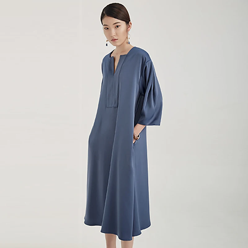 Fashion high end women royal blue belt 3/4 sleeve long satin dress with pockets