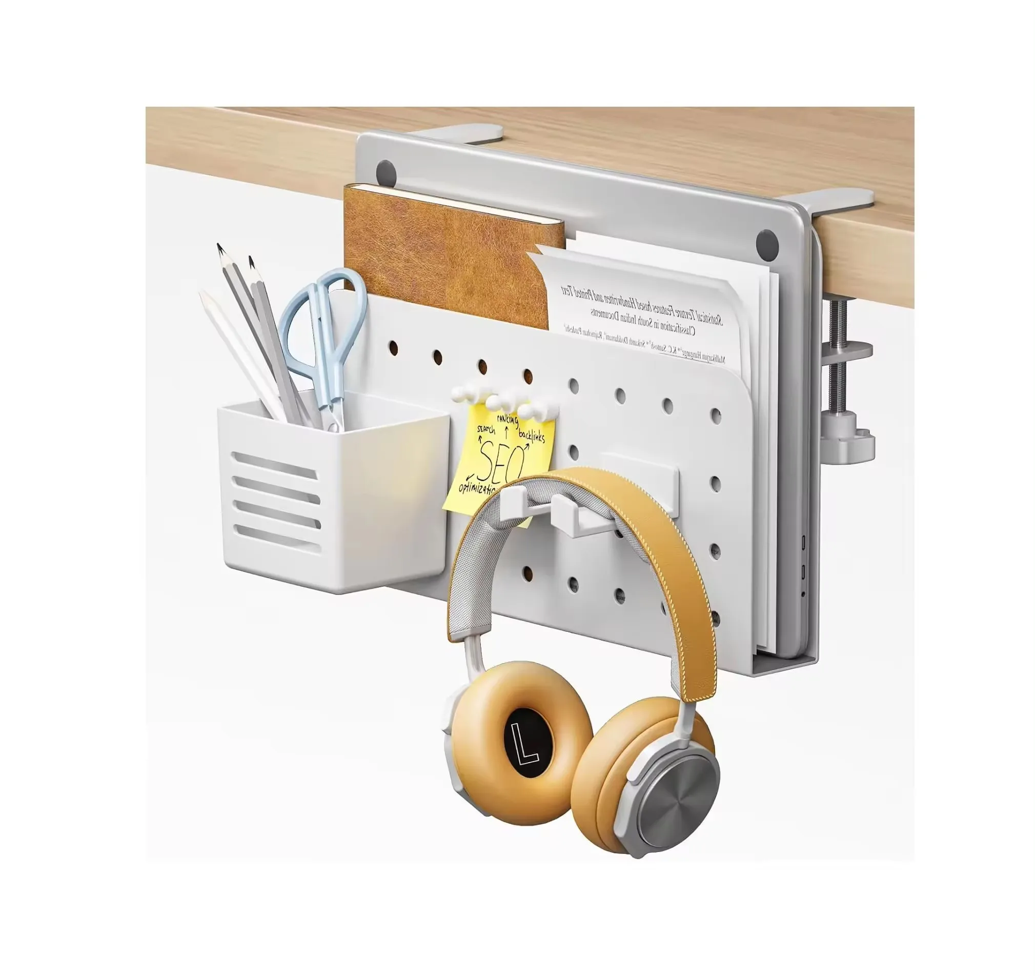 Desk Side Storage Double-Deck, Hanging Desk Organizer with Magnetic Pen Holder,No Drill Under Desk Cable Management Tray