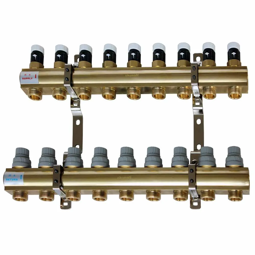 HF216P 9 loop underfloor heating water mixing temperature control distribution center brass manifolds