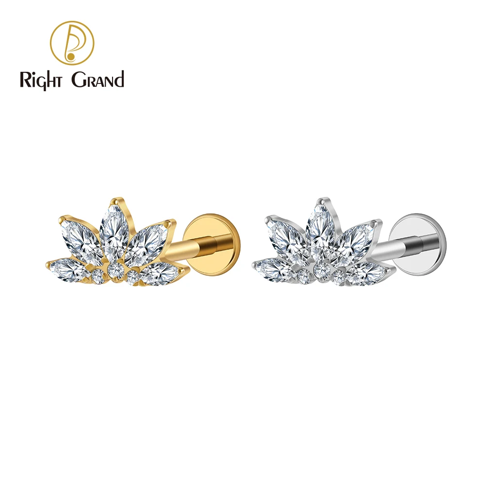 Right Grand ASTM F136 Piercing Titanium Marquise  CZ Flower Flat Back Stud Labret Tragus Helix Labret Piercing Earring Piercing