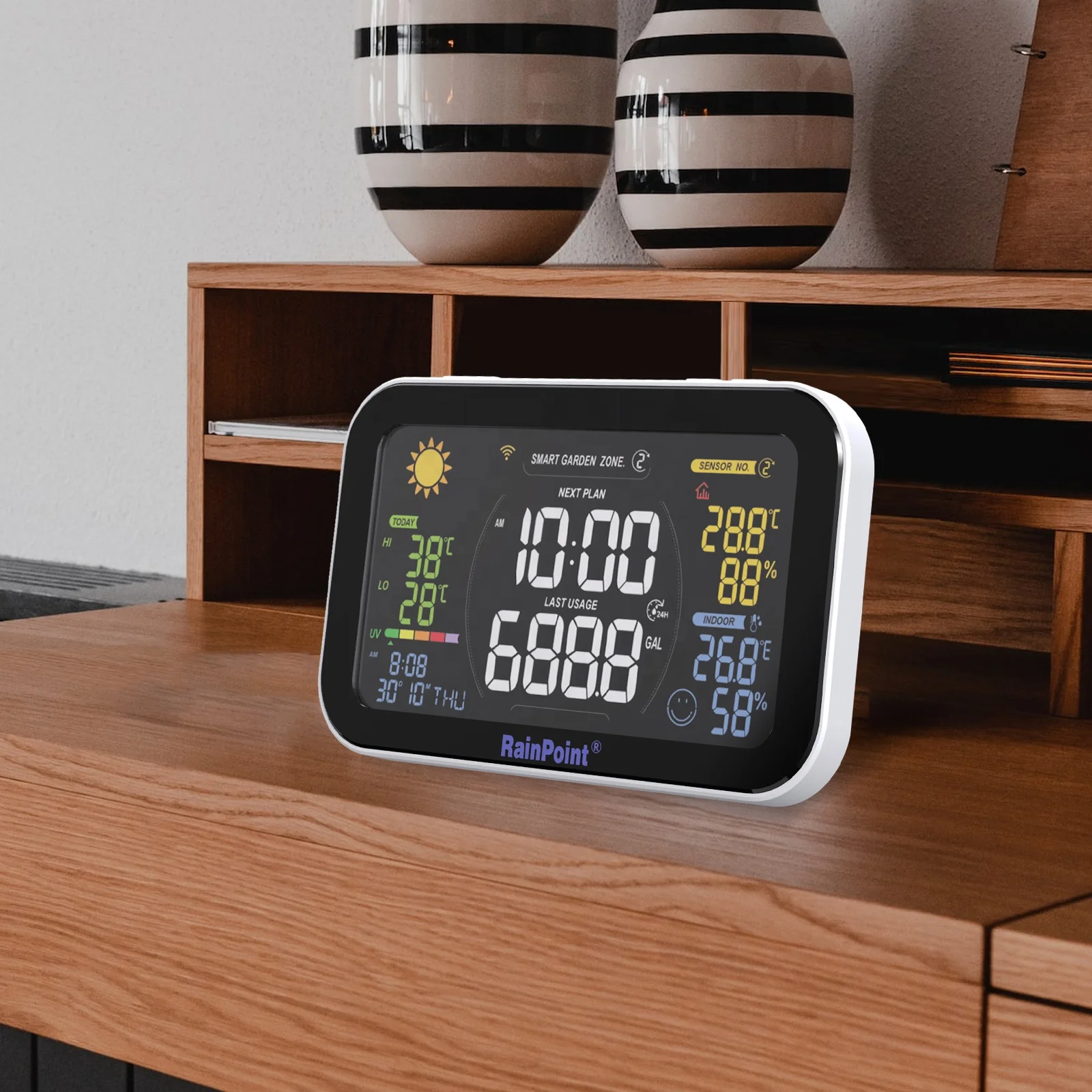 Rainpoint Digital Irrigation System Hub Displayed with Irrigation Plan Watering Time Sensors Showing Automatic Garden