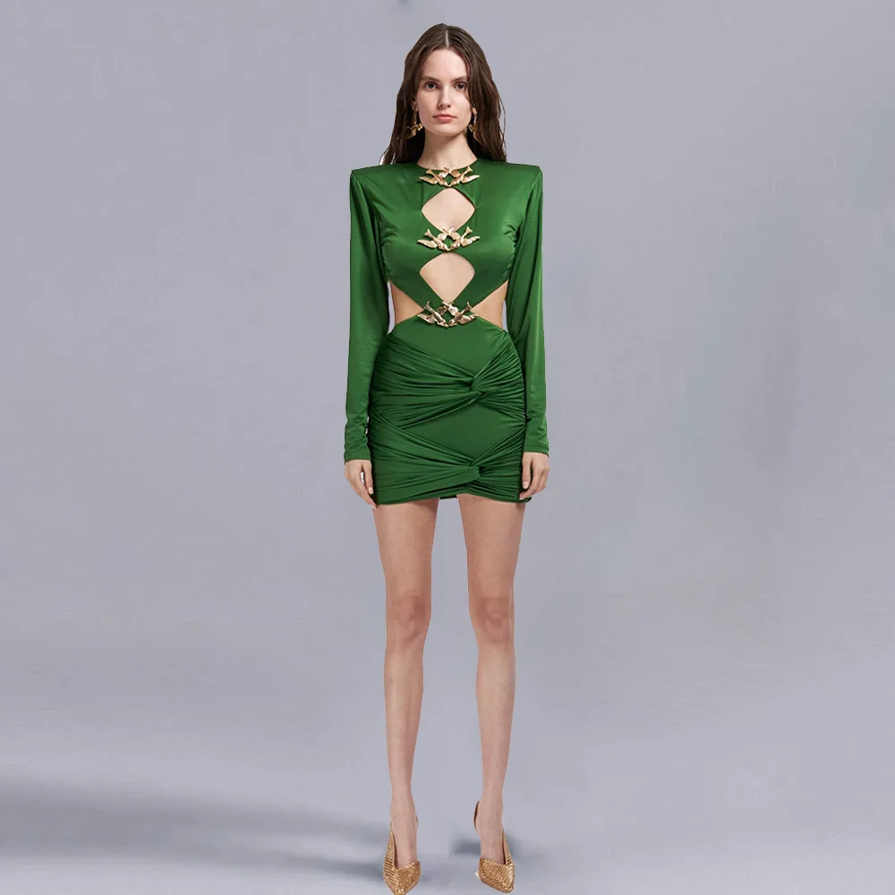 PDEP Wholesale high-end sexy hollow out metal decorative evening party pleated dresses open back long sleeve ladies dress