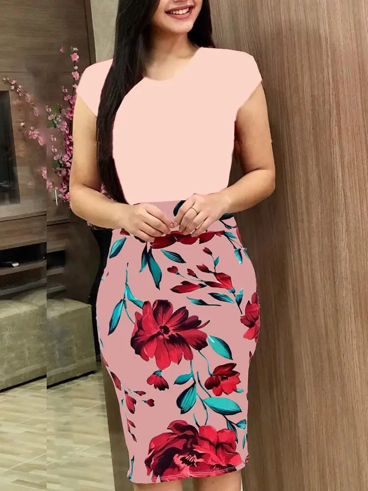 Hot Sales Plus Size Womens Clothes Women Casual Dress Lady Elegant Dresses Women Short Sleeve  Floral Dress
