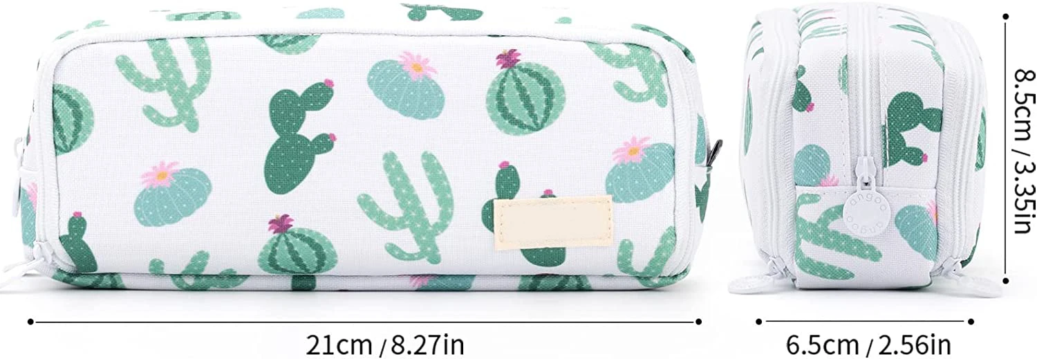 Pencil Case Big Capacity 3 Compartments Canvas Pencil Pouch Green Cactus Design For Teen Boys Girls School Students Kids