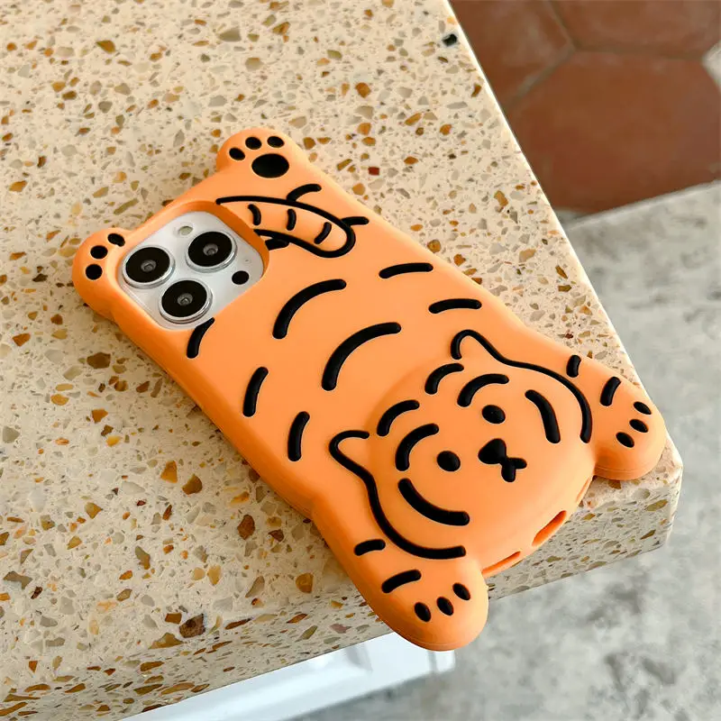 3D Cute Cartoon Lay Down Tiger Soft Rubber Shockproof Phone Case Cover for iPhone 13 12 11 Pro Max