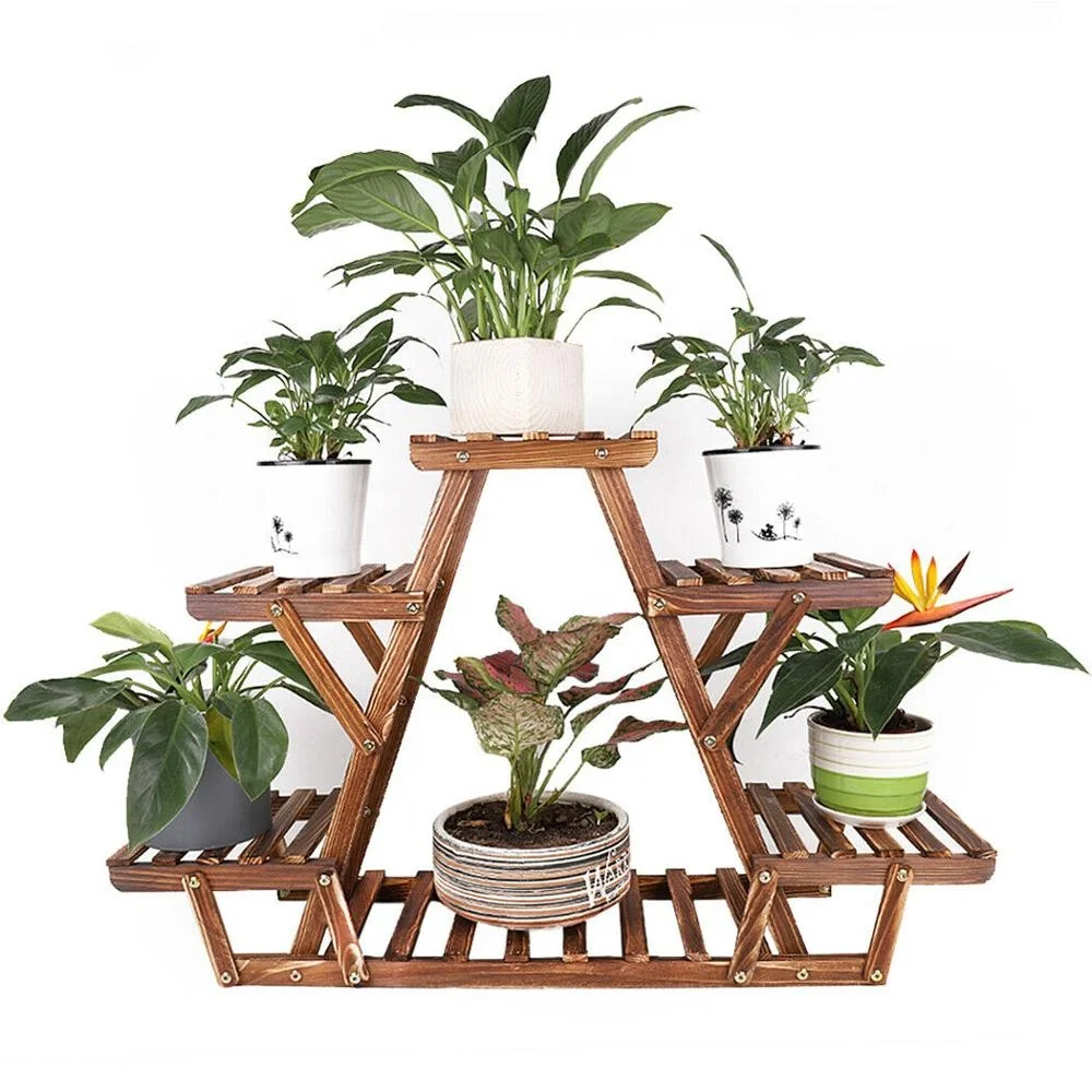 Wooden Plant Stand 6 Tier Bonsai Flower Display Shelf Carbonized Wood for Outdoor Plant Shelf