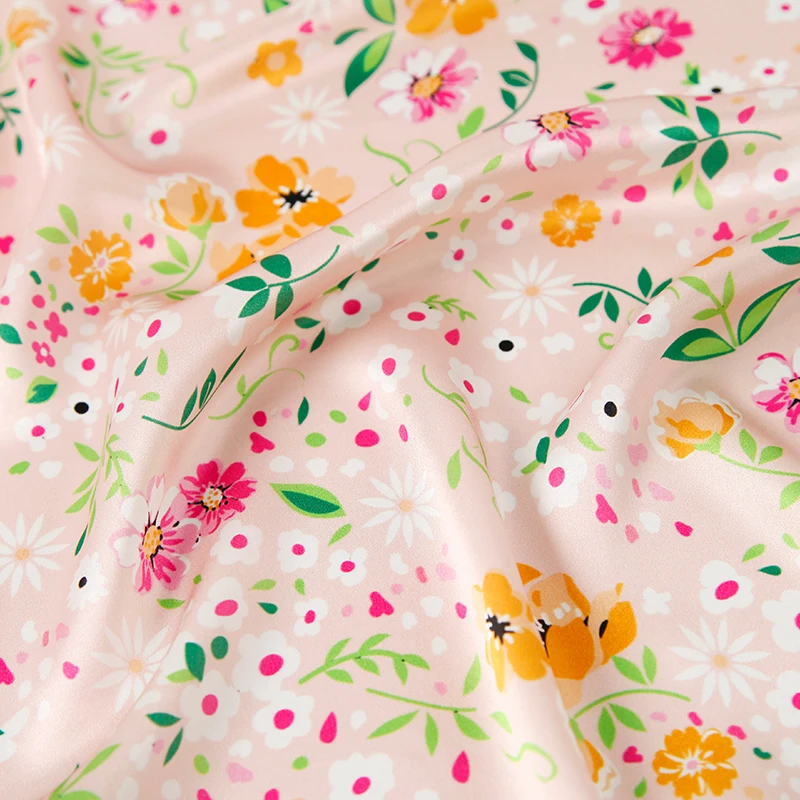 Wholesale 18%silk 82%viscose satin pink floral printed fabric bright color for girl dress
