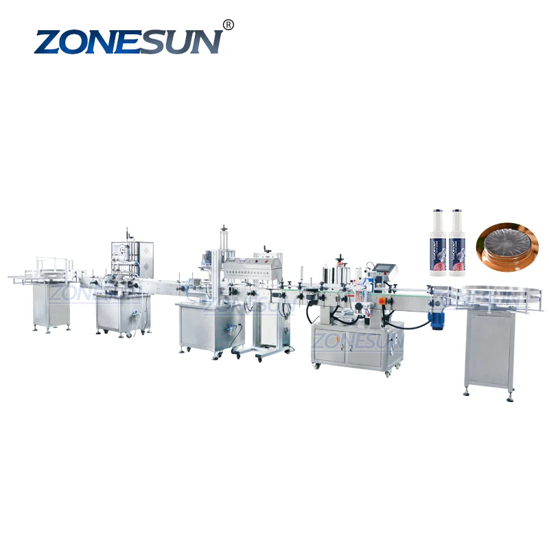ZONESUN Automatic Cosmetic Oil Liquid Bottle Filling Capping And Labeling Machine Line With Bottle Induction Sealing Machine