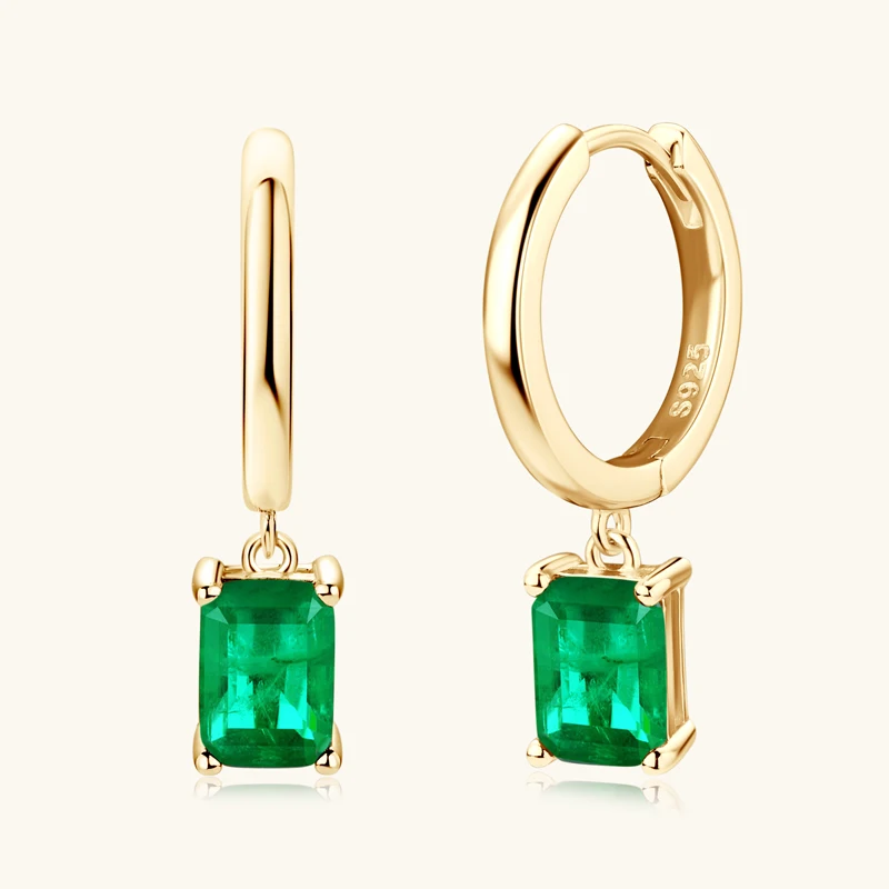 14K gold plated 925 Sterling Silver Radiant Cut Emerald Gemstone Drop Hoop Earrings For Women