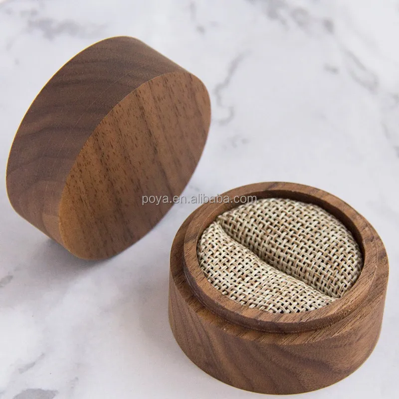 POYA Round Wooden Ring Box Engagement Walnut Wood Wedding Small Unique Ring Holder Engraving