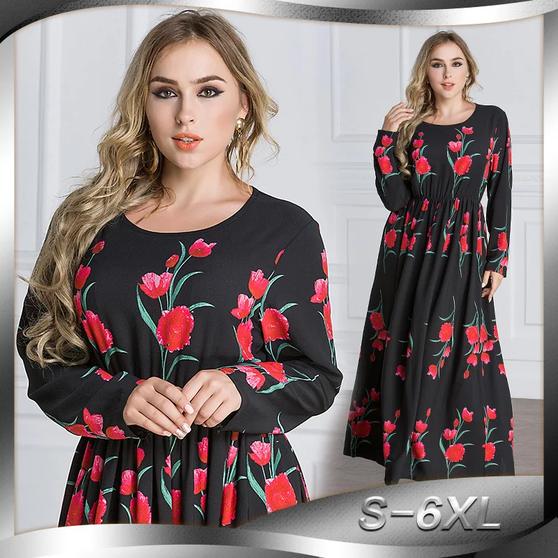 Plus size muslim long sleeve gown rose printed muslim woman dress latest burqa designs