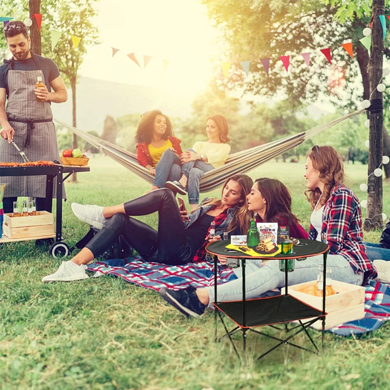 Metal Frame Polyester Folding Camping Table with 4 Mesh Cup Holders