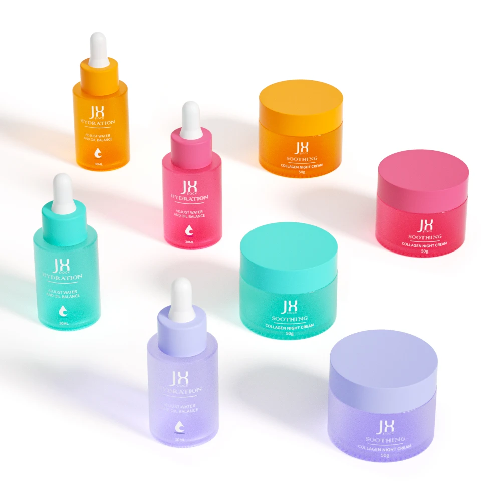 Black skincare packaging cosmetic bottle and jar round 50g glass face cream jar 30 ml hair oil serum dropper bottle