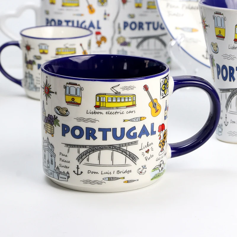 Wholesale custom printing Portugal city souvenir food dinner round plates ceramic dish