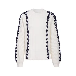 Knitwear manufacturers custom fall winter color contrast jacquard round neck long sleeve loose knitted korean sweaters for women