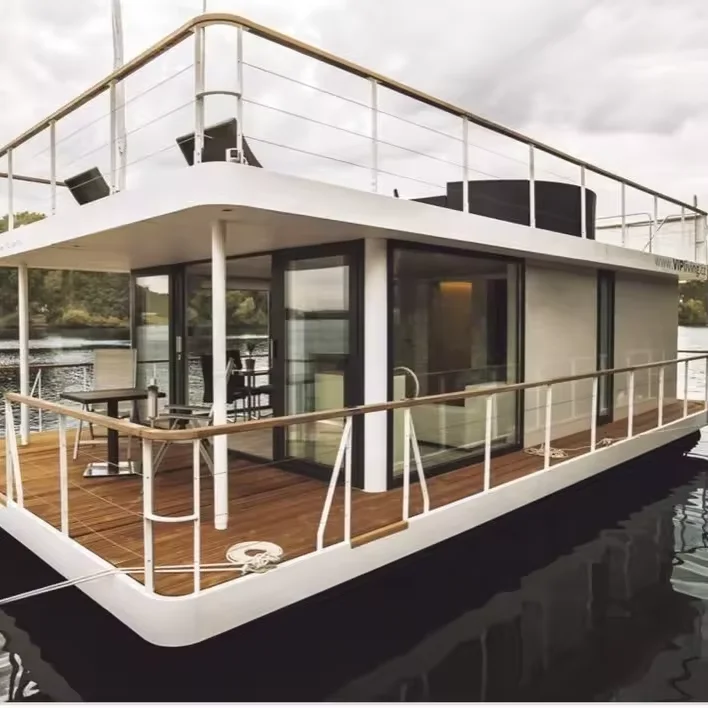 20ft Aluminum Water Floating Pontoon House boat prefab container hotel  Enclosed Home Boat Barge