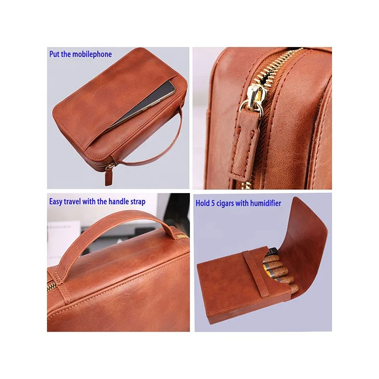 Portable multi-function brown leather cedar wood lined 5 holder travel cigar case with  cutter and lighter storage