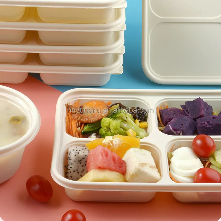 Environmentally Friendly Cornstarch Based 4 Compartment Disposable Lunch Box Rectangle 850ml