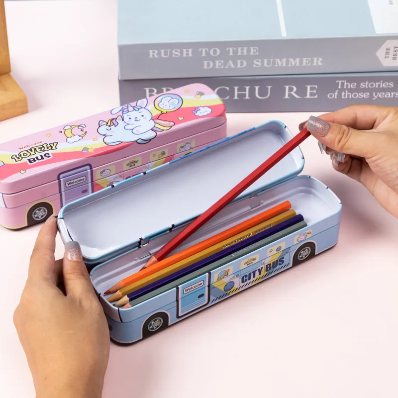 YAHOU Creative Cute Wheeled Bus design Stationery Box Cartoon 2 layers metal tin Multifunctional pencil case for kids school