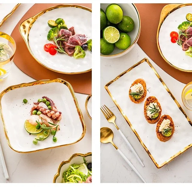Nordic Style Luxury High Quality Ceramic Tableware Dishes and Plates Bowls Gold Rim Porcelain Dinner Set Ceramic Dinnerware Set