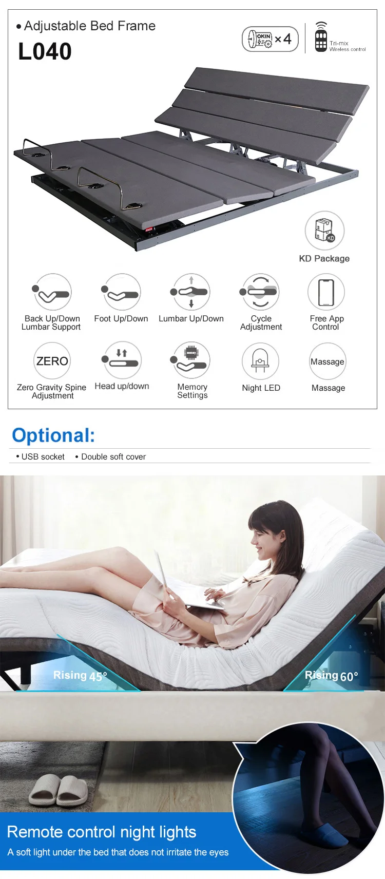 
L040 App Wifi control motor smart metal adjustable bed base electric with massage 