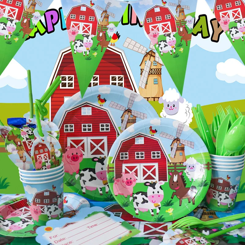 Farm animals theme party decoration wholesale happy napkin paper plate cup tablecloth supplies meadow