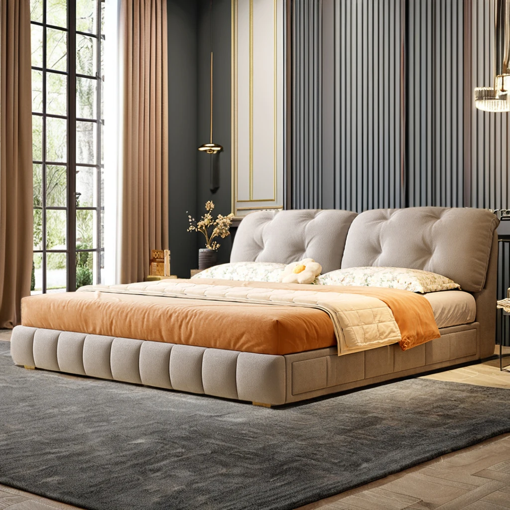 Italian Nordic Modern Design 1.8m Beige White Solid Wood Bed Frame Soft Double Bed King Size for Master Bedroom Wedding Twin Bed
