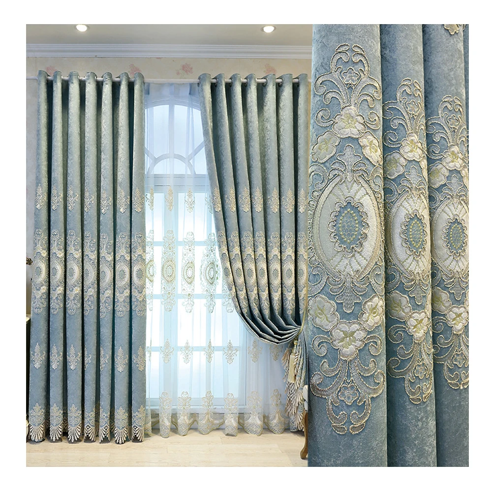 Luxurious European Chenille Embroidered Curtain Ready Made Embroidery Blackout Curtains For Living Room Dining Room