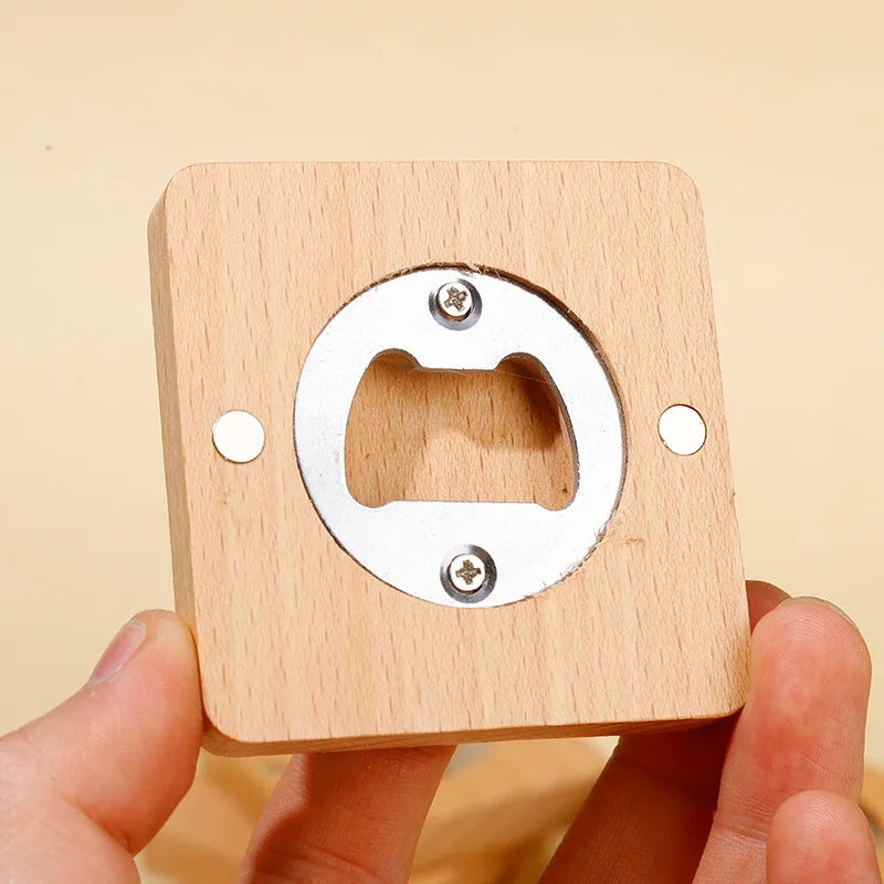 Wholesale Eco-friendly Wooden Bamboo Fridge Magnet Custom Beer Bottle Opener Portable Stainless Steel Magnetic Round Coaster