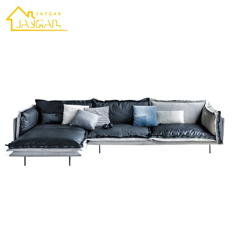 Home furniture 2 piece sectional with chaise modern L shape sofa set mixing leather and fabric corner sofa