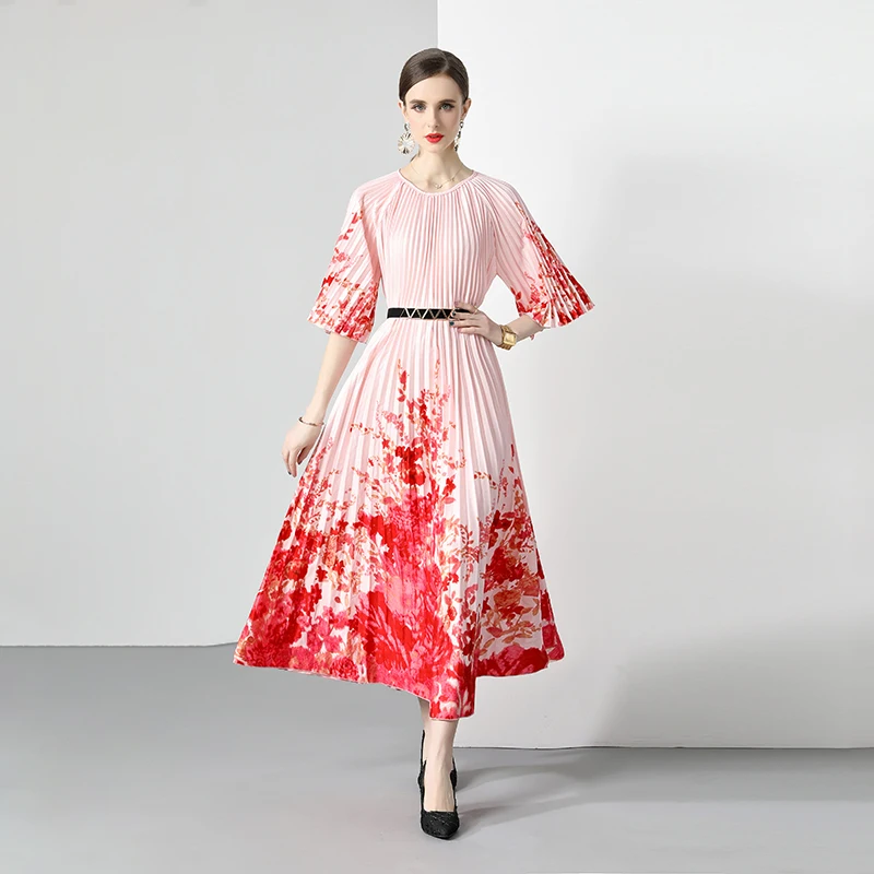 Summer Runway Fashion Flower Print Dress Women Short Sleeve Belt Lace up Pleated Party Dress