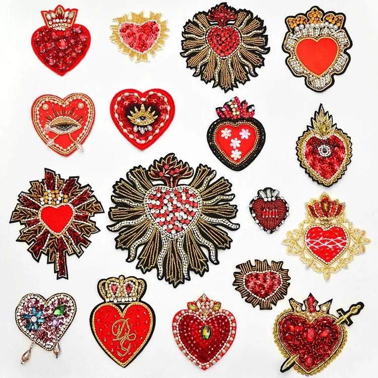 Manufacturer Custom Embroidery Iron On Patches for Cloth Heart Shaped Sequin Beaded Rhinestone Appliques