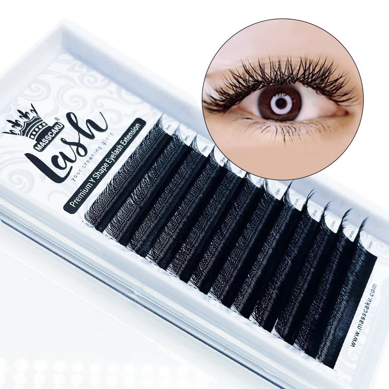 MASSCAKU custom high quality matte black materials yy shape hand wove eyelashes extensions easy to work and very soft