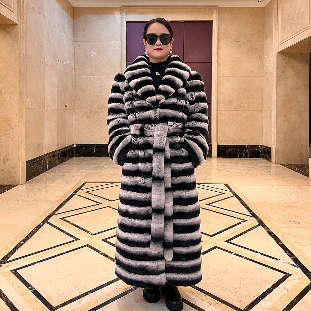 2024 women winter fashionable real rex rabbit fur long coat with belt bigger size trench fur coat chinchilla color