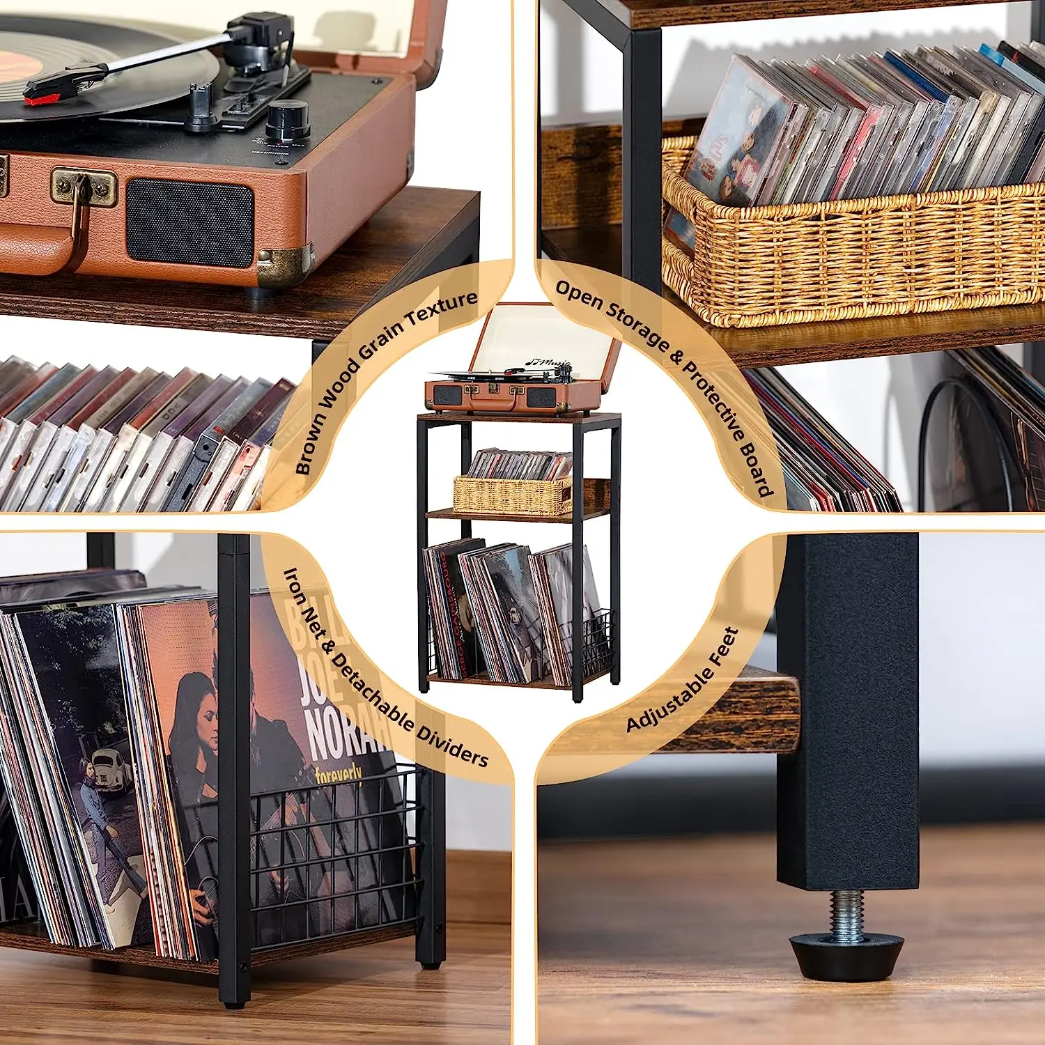 Brown Record Player Stand for Living Room Bedroom,3 Tier End Table,Record Player table with Storage,vinyl record storage