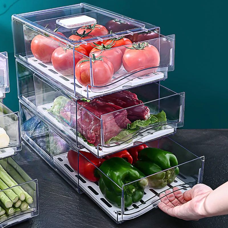 Kitchen Transparent Plastic Fridge Organizer For Vegetable Food Freezer Drawer Stackable Refrigerator Storage Box Bin