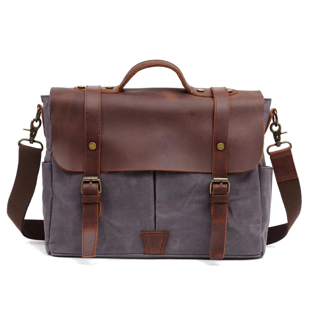 Full Grain Leather man laptop handbag waxed vintage Canvas Shoulder briefcase (RSF-8836)