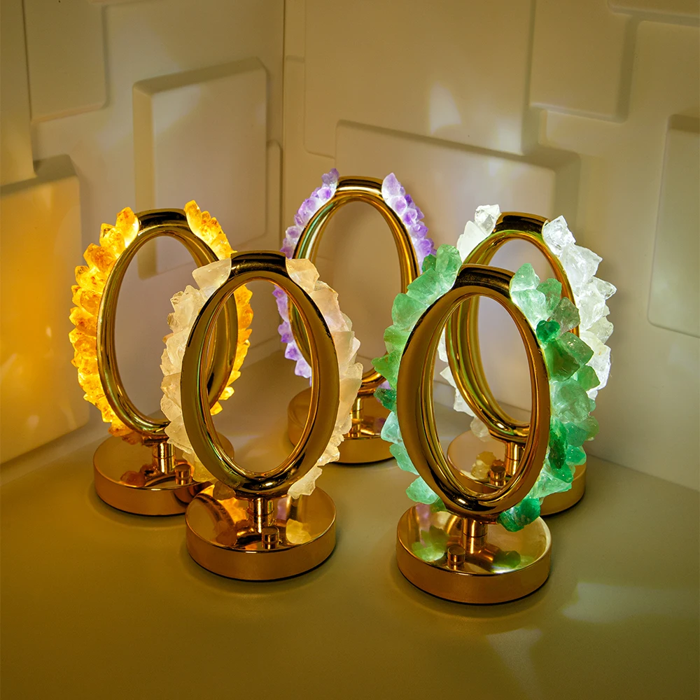 Natural Crystal Light/Amethyst Rose Quartz Raw Stone Healing Gem Stone Night Light Crystal Table Lamp for Home Bedroom Decor