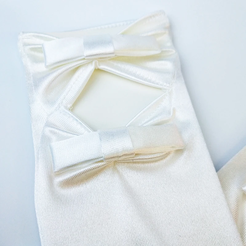 
bridal shower Hollowing out Two bows Glossy Elastic satin wedding gloves 