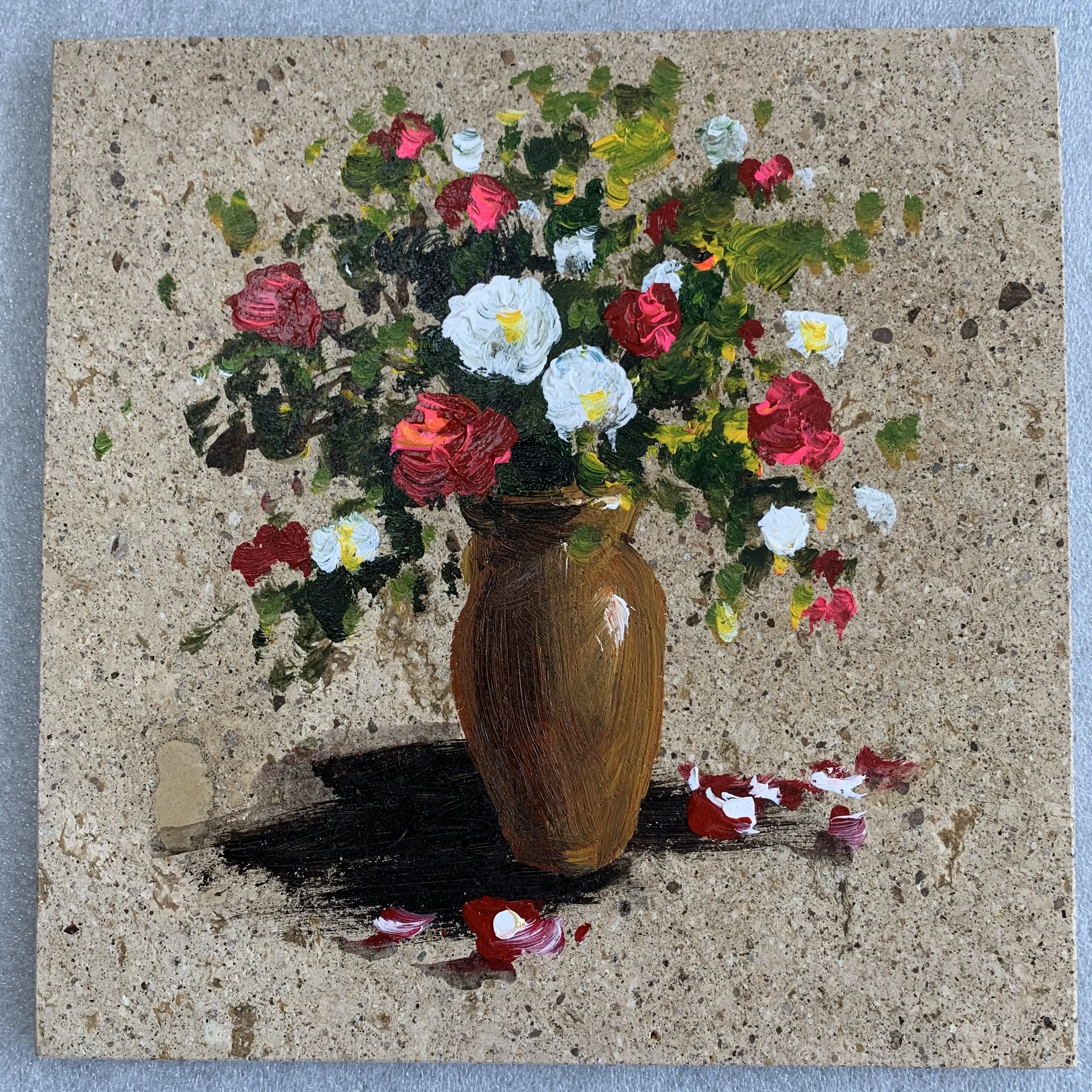 Картина маслом в виде цветка в вазе 25x25 см ручная роспись на каменных плитах