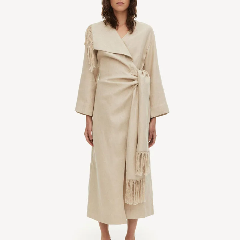 Modern Bohemia Tassel Ladies Dress with Drape Ruched Waist Linen Turn-Down Neck Long Sleeve Maxi Dress