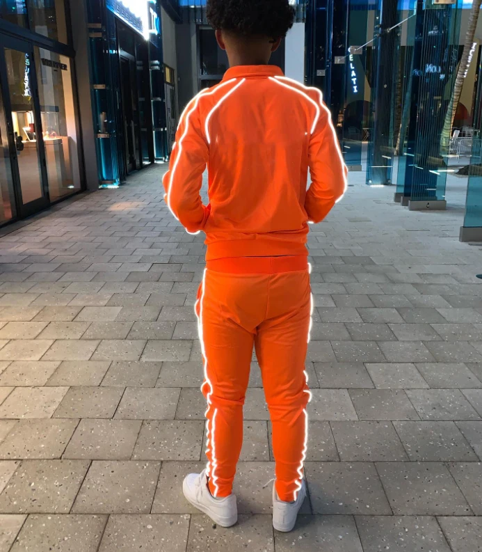 Streetwear custom reflective logo side stripe slim fit zip up nylon polyester windbreaker track jacket and pants tracksuit men