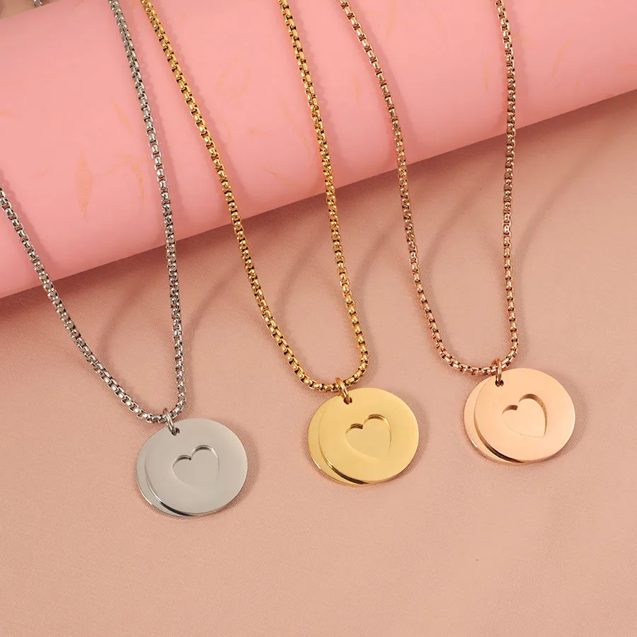 Blank Stainless Steel Heart Pendant Necklace Round Disc Empty Pendant Hollow Heart Design with Name or Date Memorial