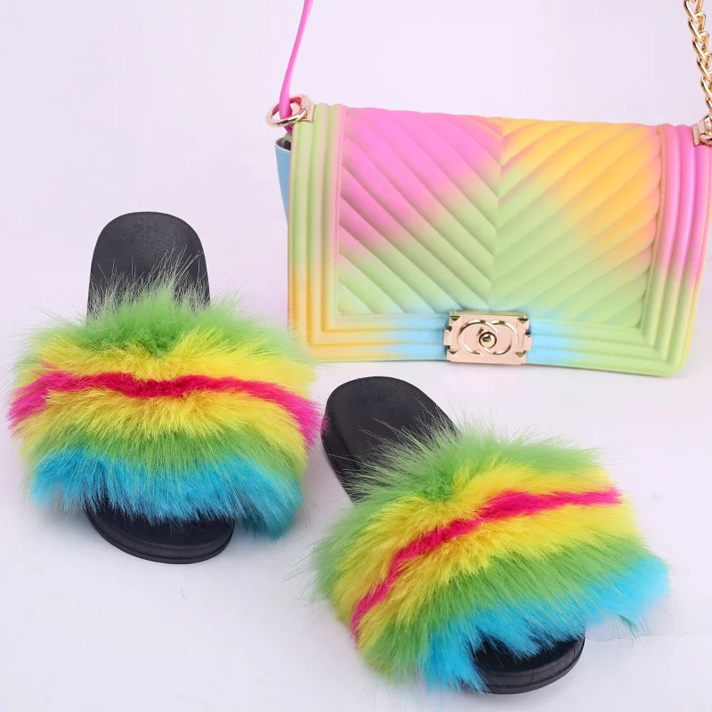 
New Women Fashionable Fluffy Fox Fur Sandals Slippers No Slip and Jelly Bag Set 
