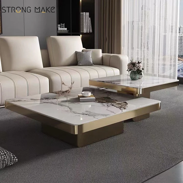Furniture Factories Living Room Contemporary Stainless Steel Square Marble Top Coffee Table Set